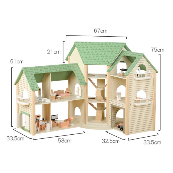儿童木制玩具转角绿色娃娃房【83*37*135CM】 单色清装 木质