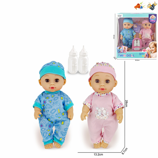 2(pcs)双胞胎娃娃带奶瓶 (头和手脚搪胶，身体吹瓶) 喝水尿尿 12寸 声音 不分语种IC 包电 塑料