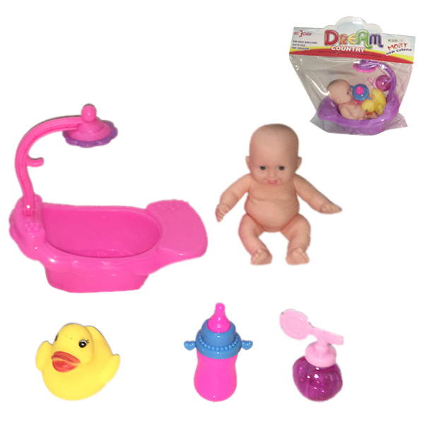 小肥童娃娃带浴池,奶瓶,鸭子,香水瓶 5寸 搪胶