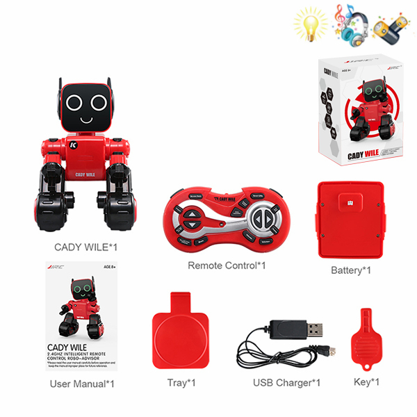 凯迪威乐机器人带英文说明书,USB,托盘,钥匙,AR说明书 遥控 灯光 音乐 不分语种IC 主体包电，遥控器不包电 塑料