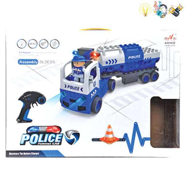 警察积木车带USB线 遥控 4通 包电 灯光 音乐 塑料