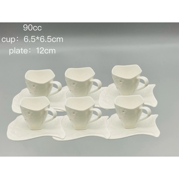 白色浮雕陶瓷咖啡杯碟【90CC】6杯6碟 单色清装 陶瓷