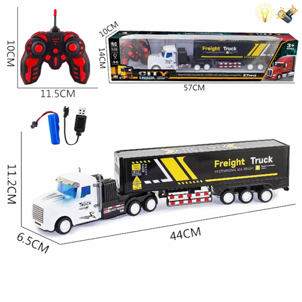 遥控 1:32长头货柜拖车带USB 4通 灯光 主体包电，遥控器不包电 黑轮 塑料