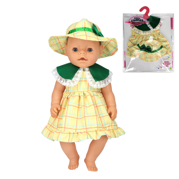 娃娃衣服-黄格裙+帽子 娃娃衣服 18寸 布绒