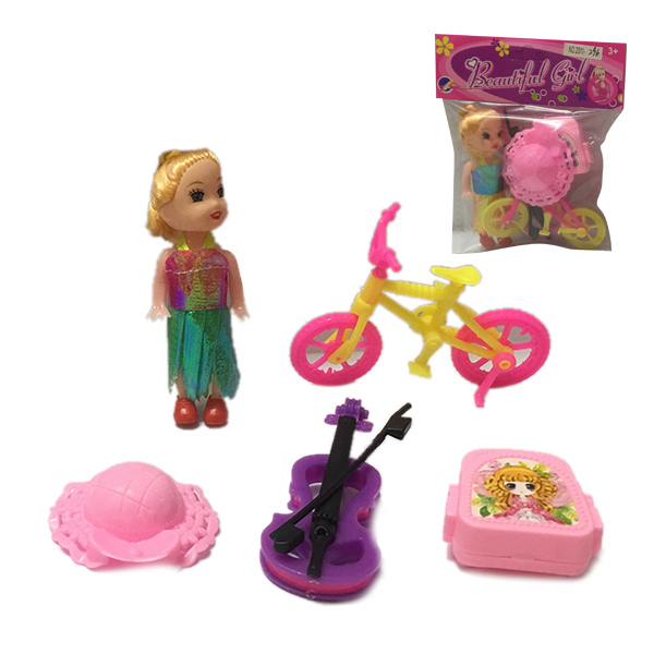 小娃娃带自行车,帽子,小提琴,书包 3寸 塑料