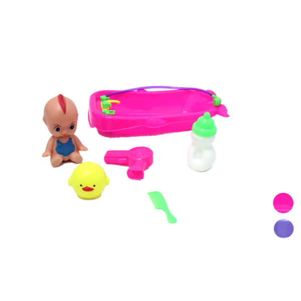 小娃娃带浴盆,吹风筒,奶瓶,梳子,动物紫蓝,美人红2色 塑料