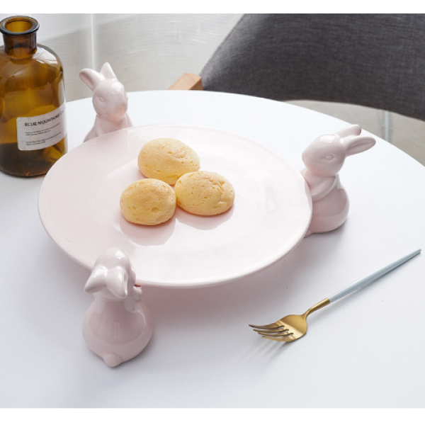 粉色12寸三只兔子 单色清装 陶瓷