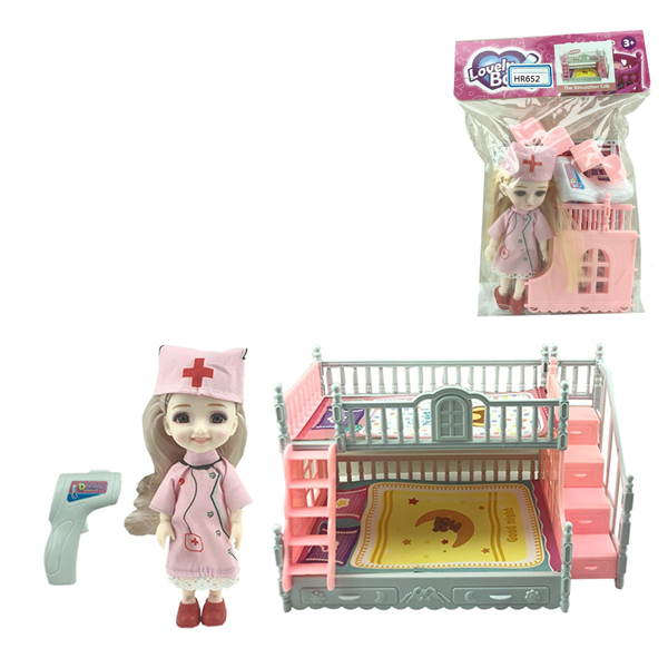 护士娃娃带婴儿床,探热器  搪胶