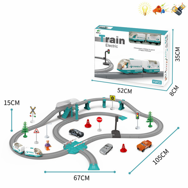 93PCS轨道车套装(车头可坐人,带两层站台）绿色  灯光 声音 不分语种IC 包电 塑料