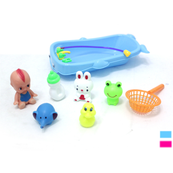 小娃娃带鲸鱼浴盆,4只动物,渔捞,瓶子浅蓝,美人红2色 塑料