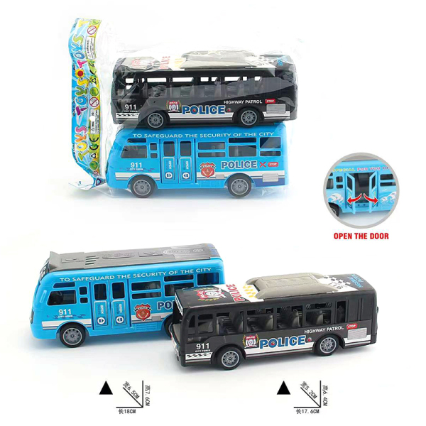 2PCS滑行巴士+惯性警车可开门巴士 惯性 滑行 开门 警察 塑料