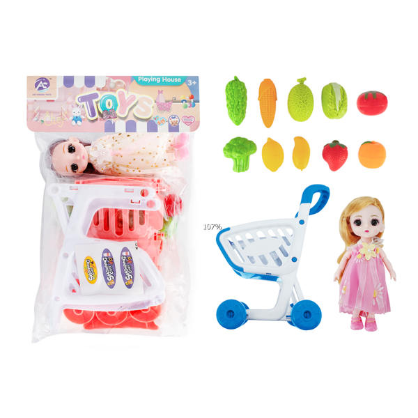 娃娃带购物车水果套 2色 6寸 塑料