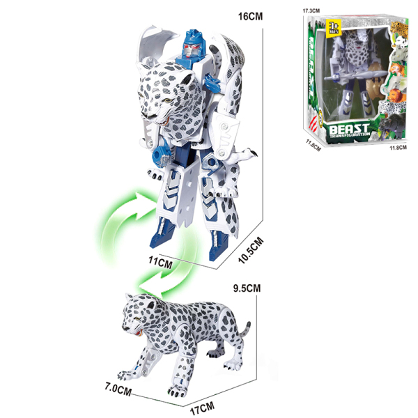 变形机器人动物系列 动物变形-斑点白雪豹 带武器 盾牌 塑料