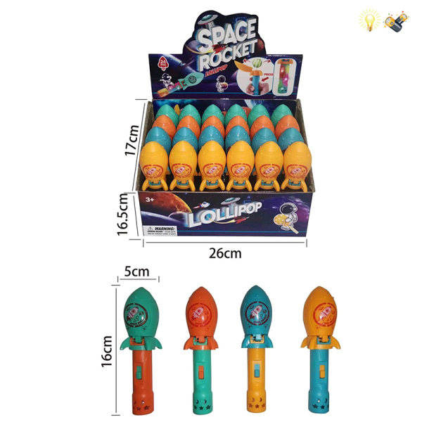 24PCS 5*16cm太空火箭可装棒棒糖绿蓝橙黄4色 灯光 包电 塑料