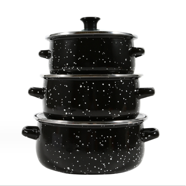 A 3-piece set of enamel flat bottomed aromatic pot with lid and double ear soup pot for pot making. 【 16CM; 18CM; 20CM 】