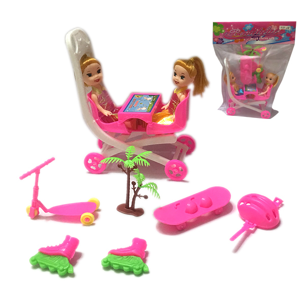 2只庄小娃娃带手推车,滑板车,滑板,溜冰鞋,安全帽,树 3寸 塑料