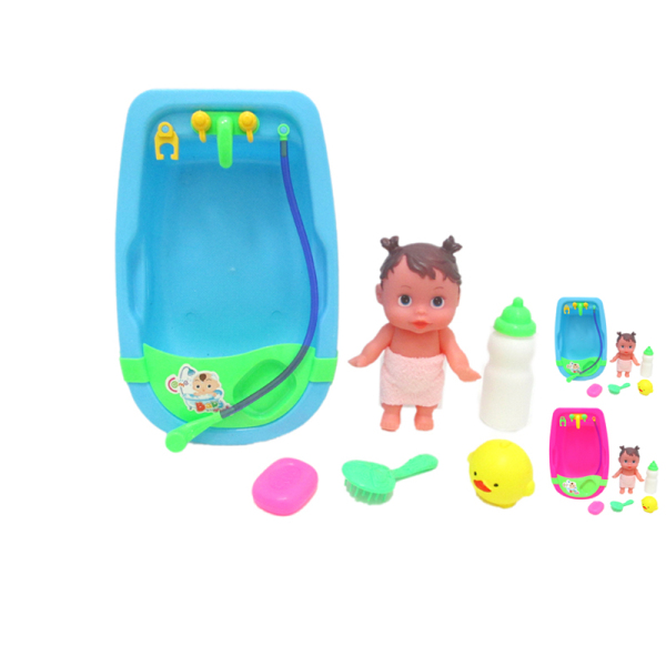 小娃娃带浴盆,小鸡,梳子,奶瓶浅蓝,玫红2色 塑料