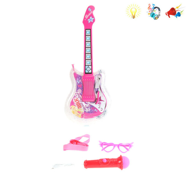 女孩吉他带麦克风,眼镜,灯光,音乐,声音 塑料