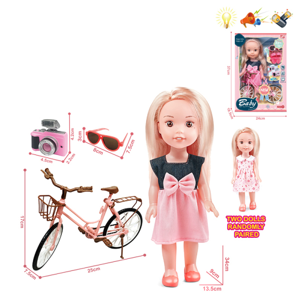 2款式吹瓶身搪胶头娃娃公仔带自行车,眼镜,相机 13寸 灯光 声音 不分语种IC 包电 塑料