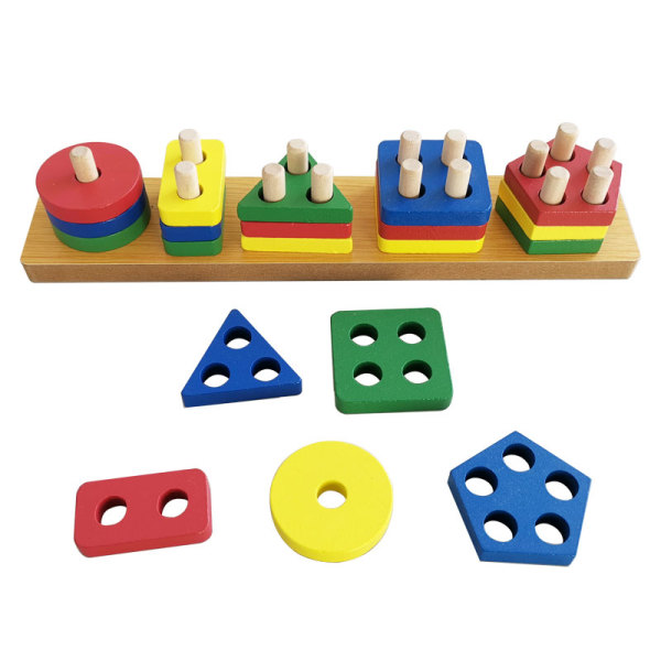 木质彩色几何五套柱益智玩具 木质