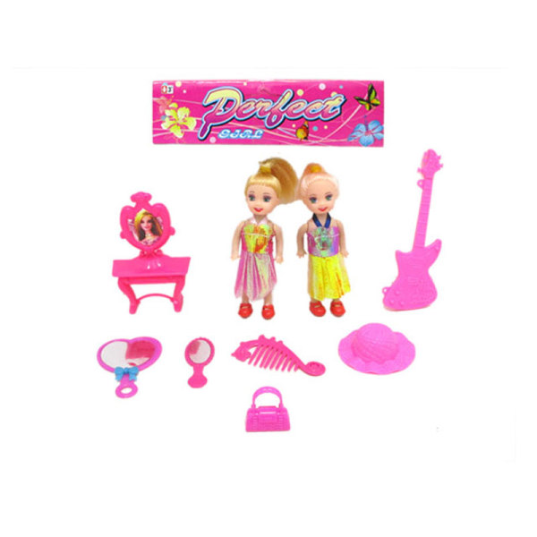 2只庄实身小娃娃带帽子,梳妆台,吉他,2镜子,梳子,手提袋 3寸 塑料