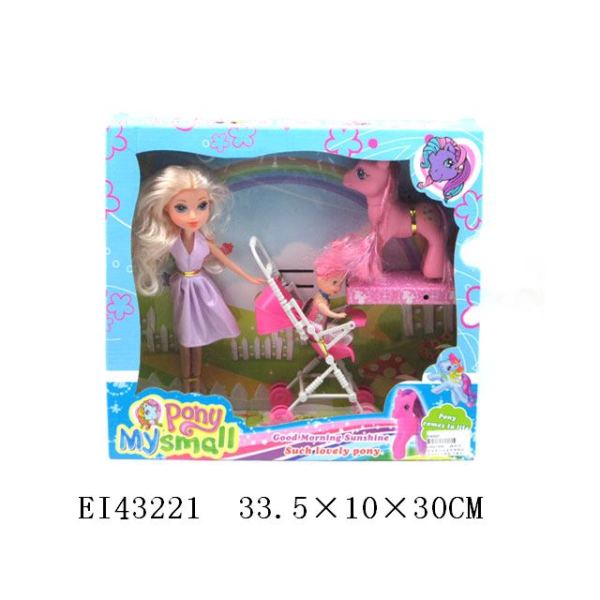 实身美少女芭芘带饰品马,3.5寸小娃娃,手推车 实身 塑料