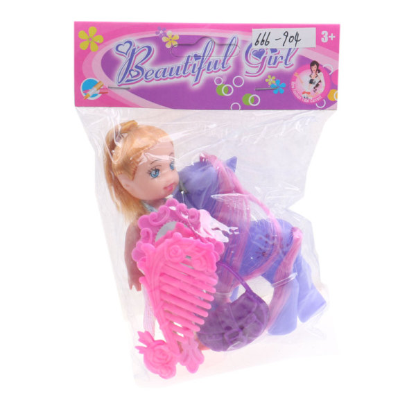 小娃娃带梳子,镜子,手提包,饰品马 3寸 塑料