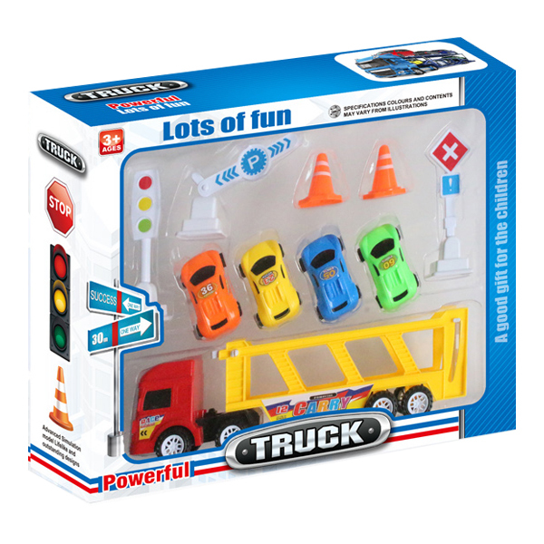 拖头车带4只小车,红绿灯,路障 惯性 实色 黑轮 塑料