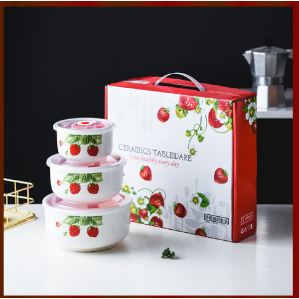 草莓花纹鲜碗三件套餐具套装 单色清装 陶瓷