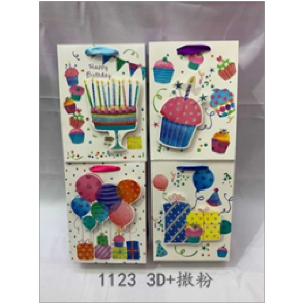 12PCS 32*26*10cm 210白卡3D撒粉生日礼品袋 纸质