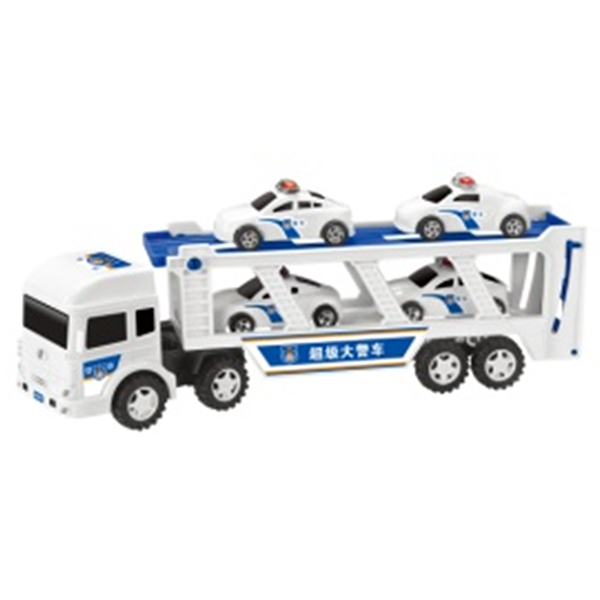 警察拖车带4只警车(中文包装) 惯性 黑轮 塑料