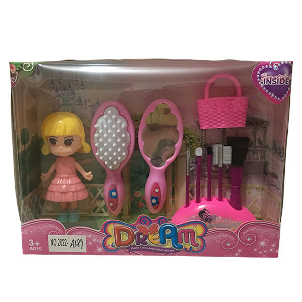 娃娃带梳子,镜子,手提包,化妆工具 3寸 塑料