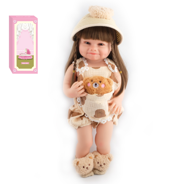 55cm重生软胶高仿真婴儿娃娃（假发套）带奶瓶,磁性奶嘴,尿布,出生卡,草帽,毛绒玩偶