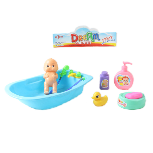 小娃娃带婴儿浴盆,5配件2色 塑料