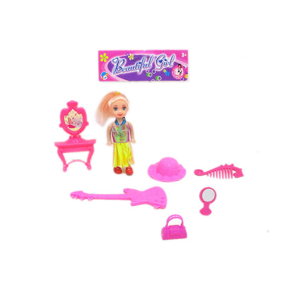 实身小娃娃带帽子,梳妆台,吉他,镜子,梳子,手提袋 3寸 塑料