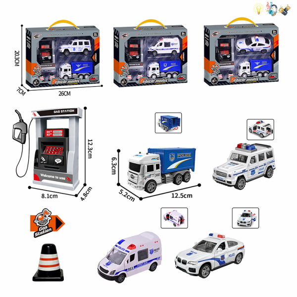3款式警察车加油站套装 包电 惯性 灯光 音乐 不分语种IC 塑料