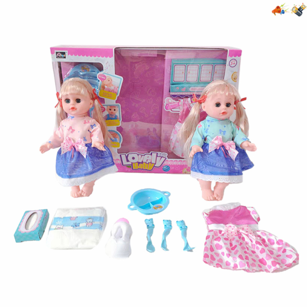 2款式娃娃带奶瓶,纸尿裤,餐具,纸盒,衣服 喝水尿尿 14寸 声音 英文IC 包电 搪胶