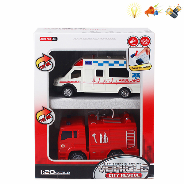 救护车+消防车 惯性 灯光 声音 不分语种IC 包电 实色间喷漆 塑料