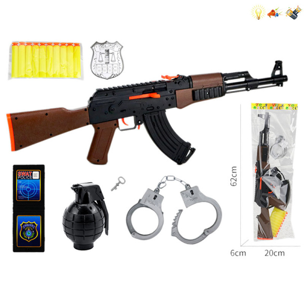 AK枪带10pcsEVA软弹,手雷,手铐,警徽,警证 软弹 冲锋枪 灯光 声音 不分语种IC 包电 实色 塑料