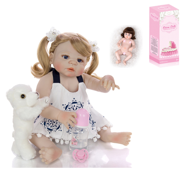 55厘米重生娃娃高仿真婴儿娃娃带奶瓶,磁性奶嘴,尿布,出生卡,小熊（假发套） 21寸 搪胶
