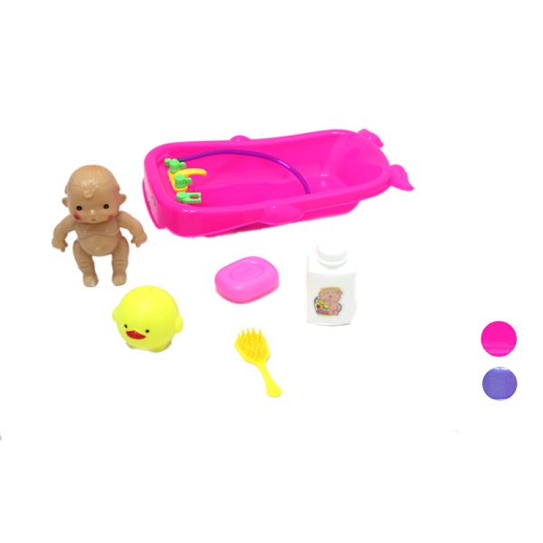 小娃娃带浴盆,肥皂,梳子,动物,瓶子紫蓝,美人红2色 塑料