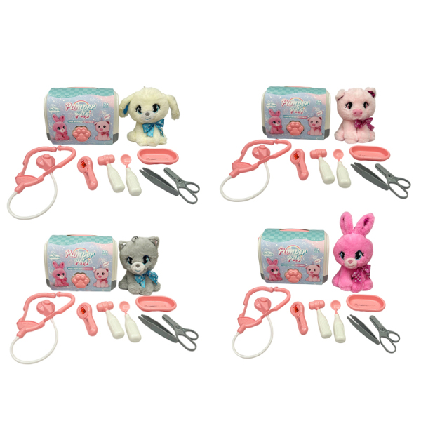 4款式粉色猪/兔子/小狗/猫带笼子医具套装 塑料