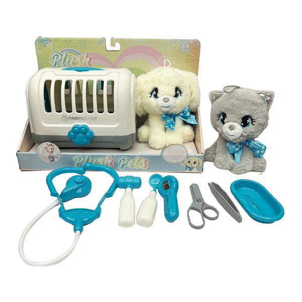 2款式小灰猫/小白狗带笼子医具套装 塑料