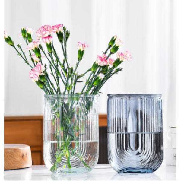 U型透明竖纹玻璃花瓶【18CM】 单色清装 玻璃