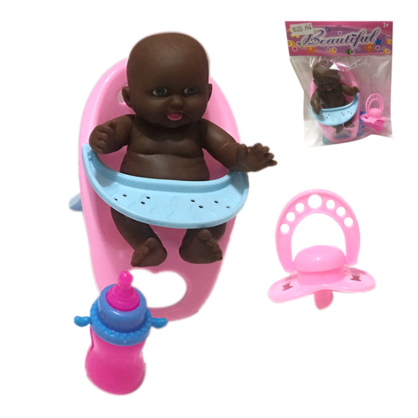 黑人娃娃带奶瓶,奶嘴,餐椅 5寸 搪胶