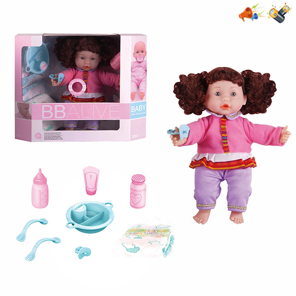 棉身娃娃带餐具套,奶瓶,配件 14寸 声音 不分语种IC 包电 布绒