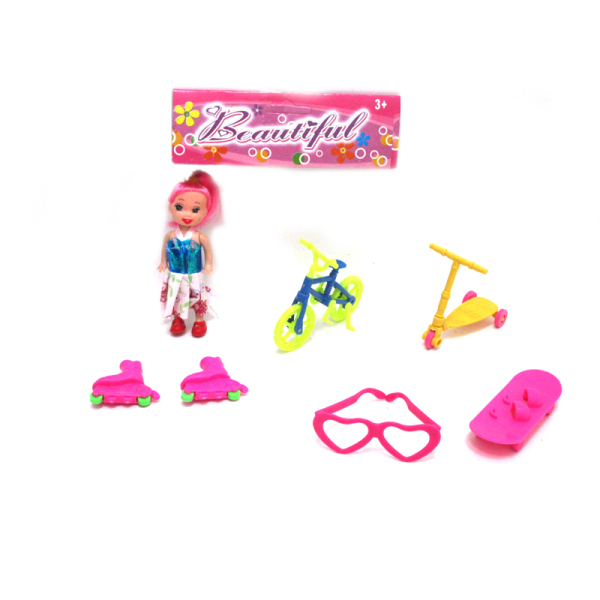 实身小娃娃带滑板,自行车,眼镜,溜冰鞋,滑板车 3.5寸 塑料