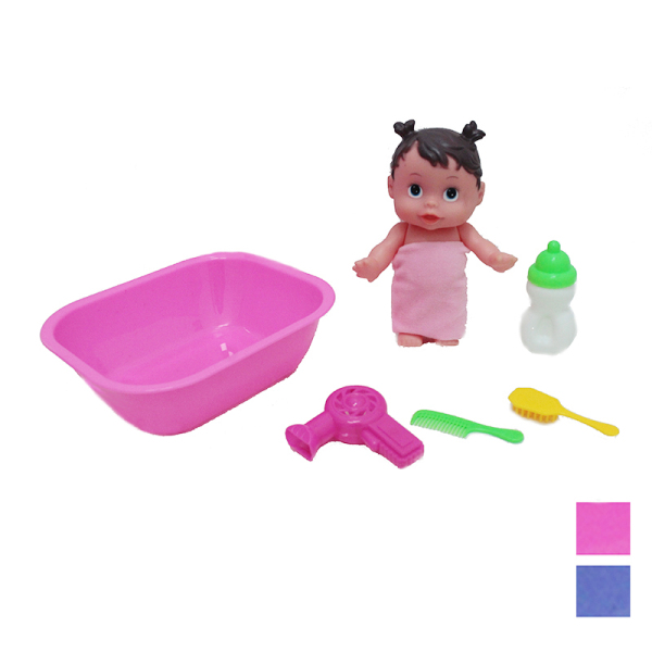 娃娃带浴盆,梳子,奶瓶,吹风机紫蓝,粉2色 塑料