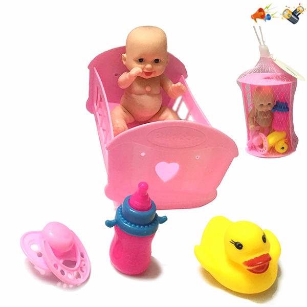肥童娃娃带婴儿床,奶瓶,鸭子,奶嘴 5寸 声音 不分语种IC 包电 塑料
