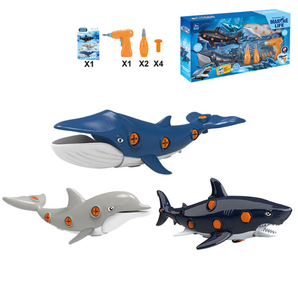 3pcs手动钻+电钻3D拆装海洋动物组合(鲨鱼/鲸鱼/海豚)